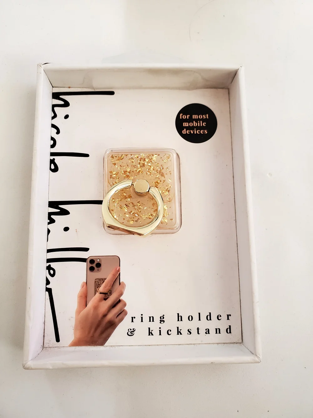 Nicole Miller Gold-Tone Ring Phone Grip & Stand with Embedded Gold Flakes NEW